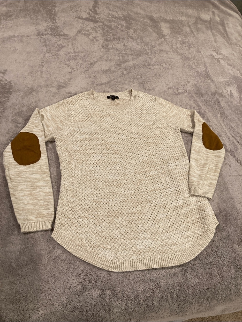 Cream Textured Crewneck Sweater with Tan Elbow Patches